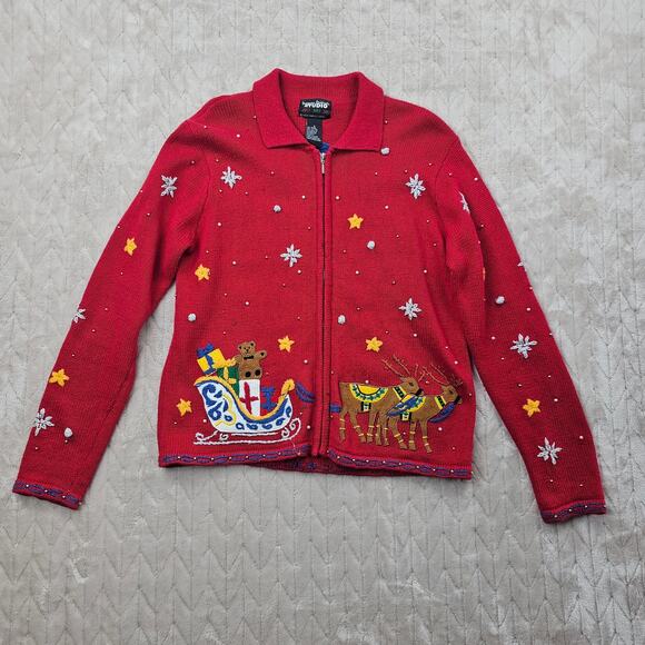 Vintage Christmas Cardigan Womens Small Santa Retro Sweater Grandma Embroidered - Picture 2 of 7